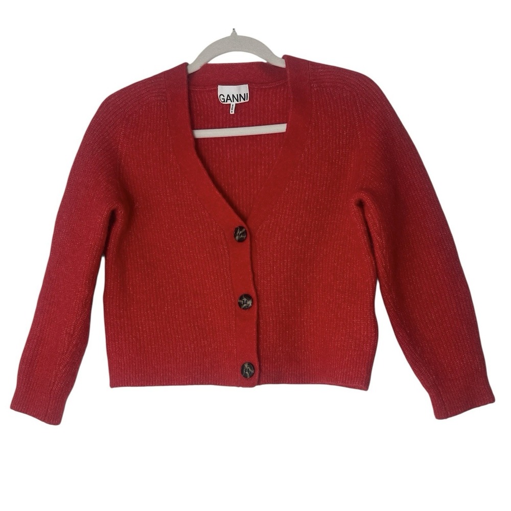 GANNI Cropped Cardigan Sweater Women's Small Red Wool Alpaca Blend Button Front